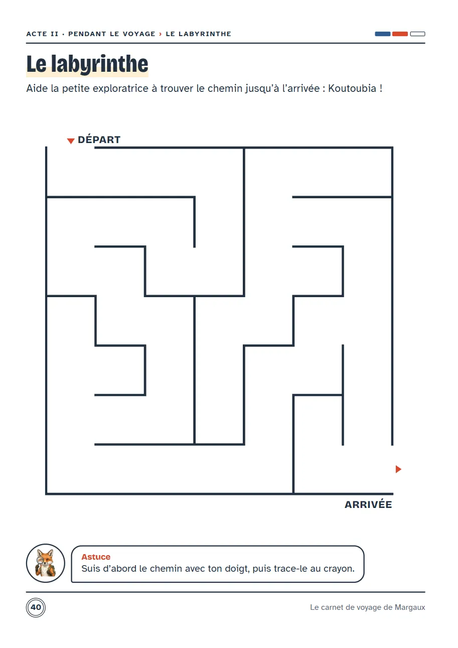 Labyrinthe pour 4–6 ans jusqu'à la Koutoubia, avec Astuce la renarde