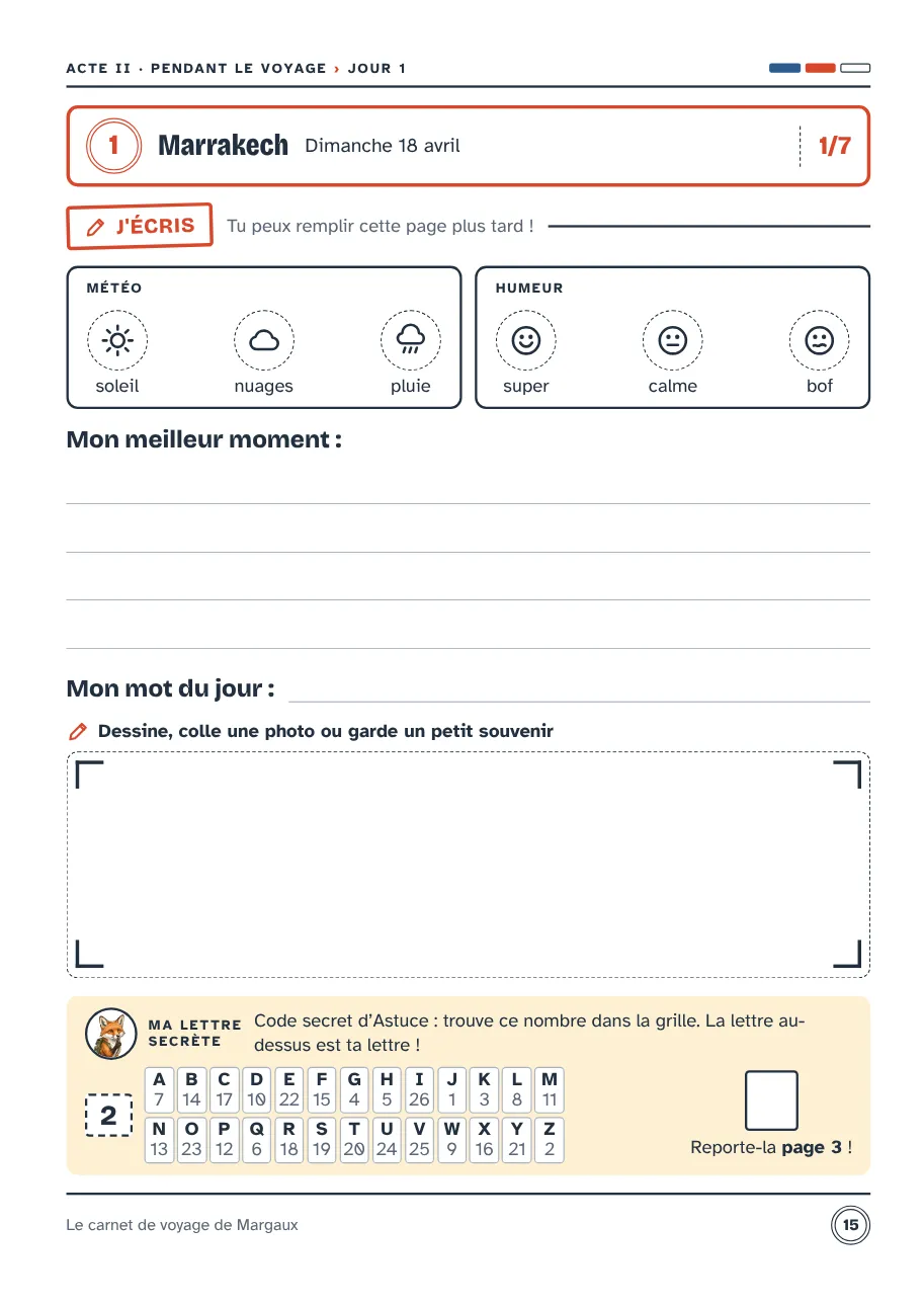 Page du jour pour 7–9 ans : grille du code secret de la mascotte pour trouver la lettre du jour