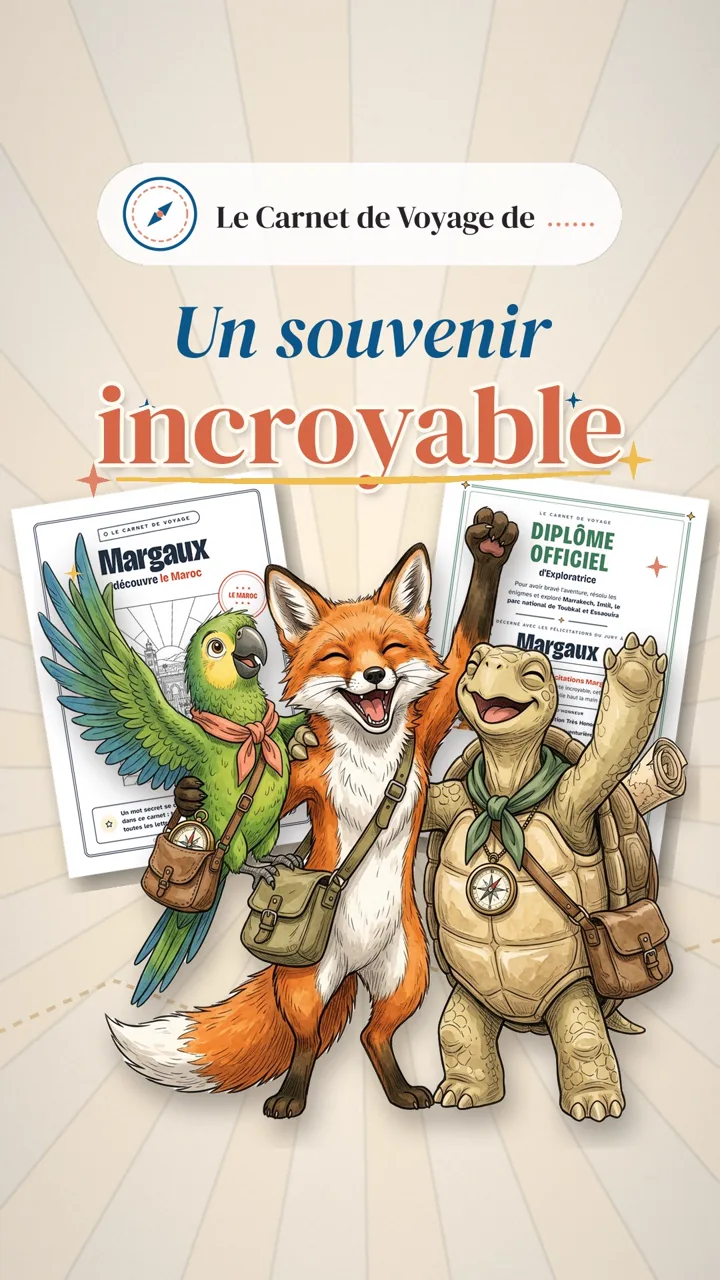 Astuce la renarde, Paco le perroquet et Atlas la tortue devant un carnet de voyage et un diplôme d'exploratrice : « Un souvenir incroyable »