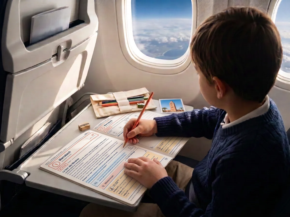 Enfant dans un avion qui remplit son carnet de voyage imprimé, ouvert sur le jour 1 à Marrakech, avec une carte postale de la Koutoubia
