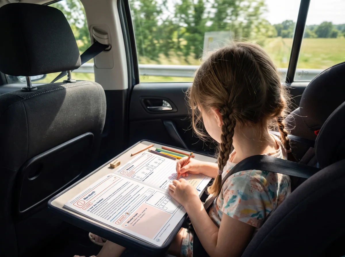 Petite fille de dos dans son siège auto, qui colorie son carnet de voyage imprimé posé sur une tablette