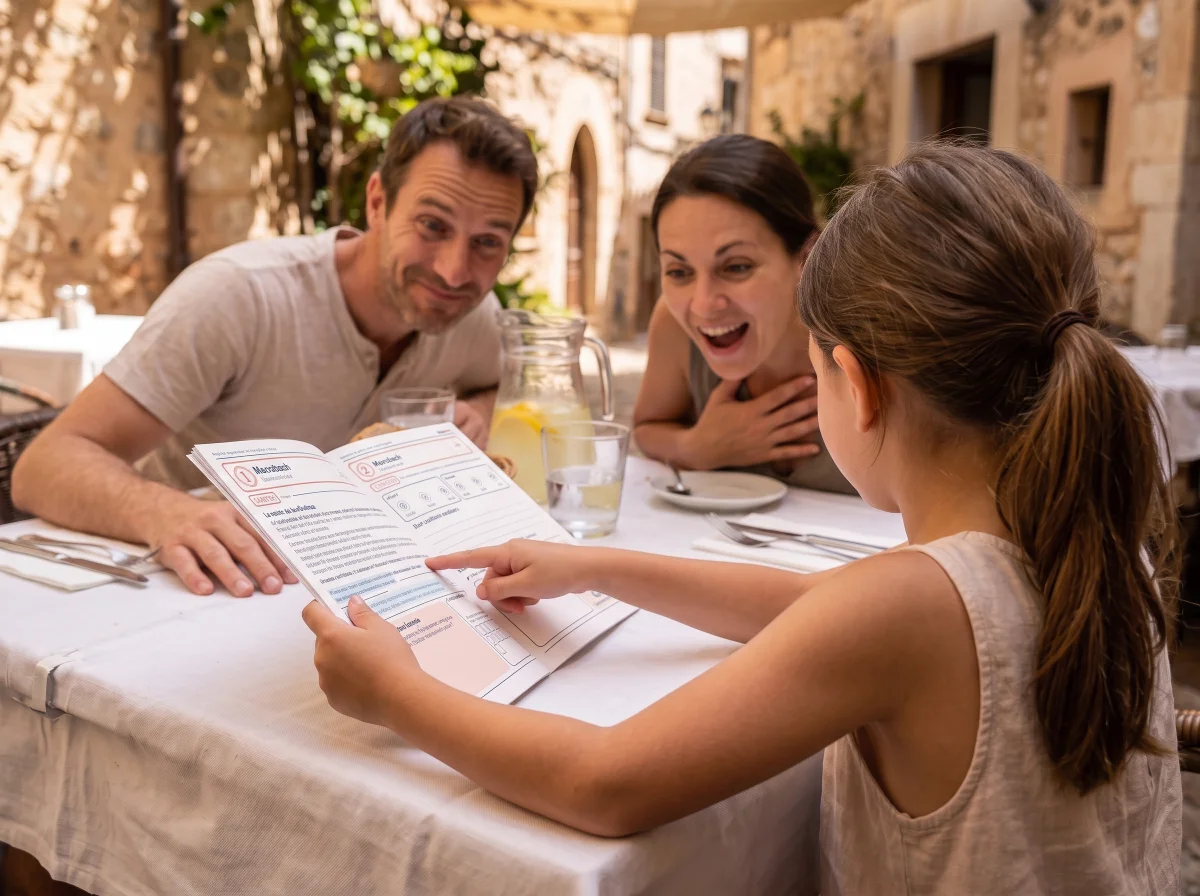 Fillette de dos à une terrasse de restaurant qui montre à ses parents, émerveillés, ce qu'elle a découvert dans son carnet de voyage