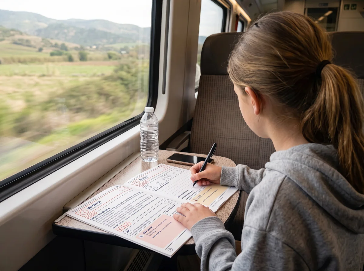 Adolescente de dos dans un train, qui écrit dans son carnet de voyage imprimé posé sur la tablette, près de la fenêtre