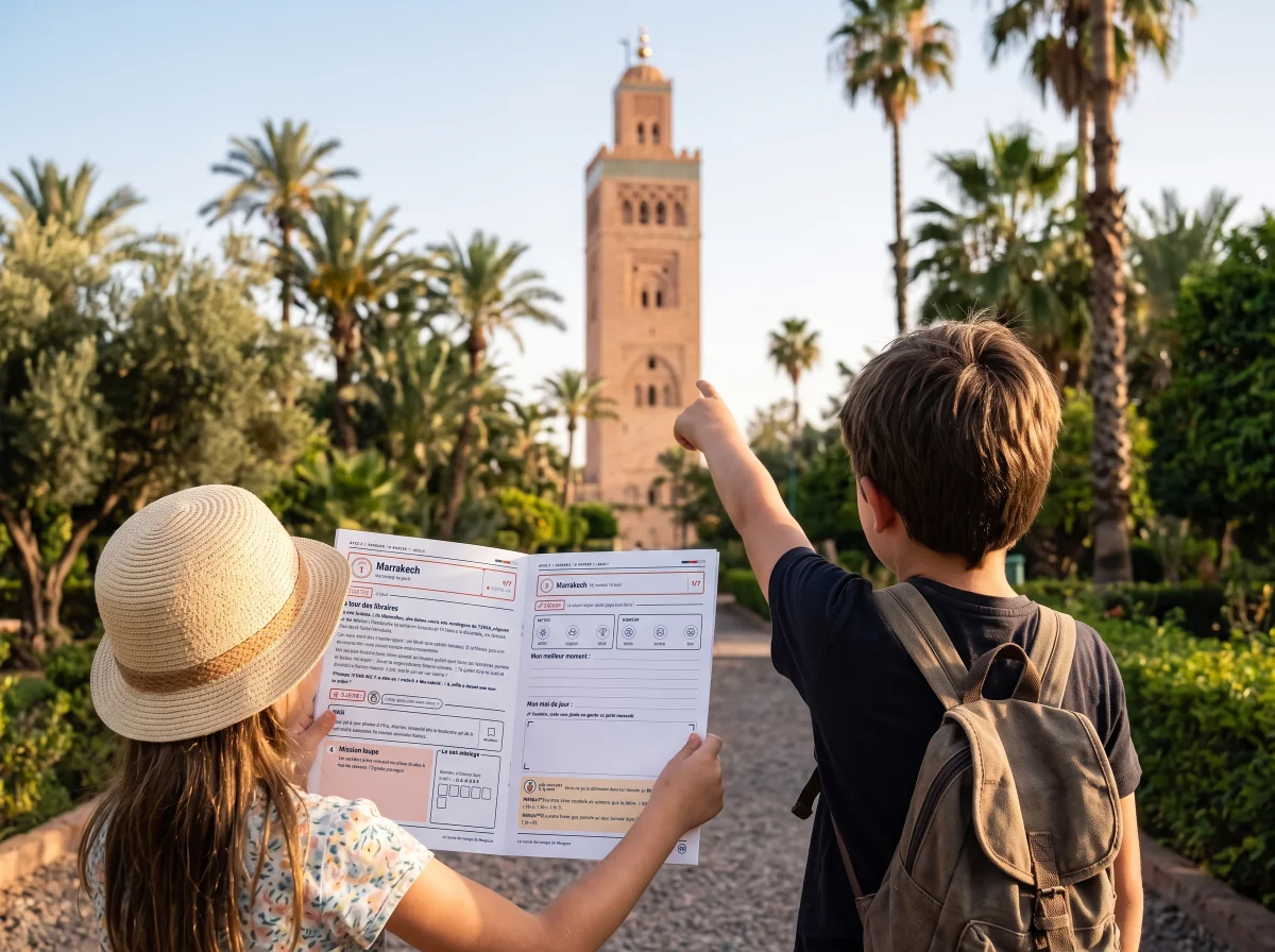 Un frère et une sœur de dos devant le minaret de la Koutoubia à Marrakech : il montre la tour du doigt, elle tient leur carnet de voyage ouvert sur le jour 1