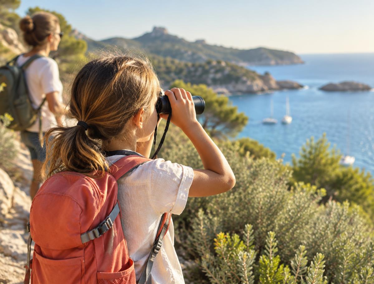 Enfant observant un paysage côtier avec des jumelles