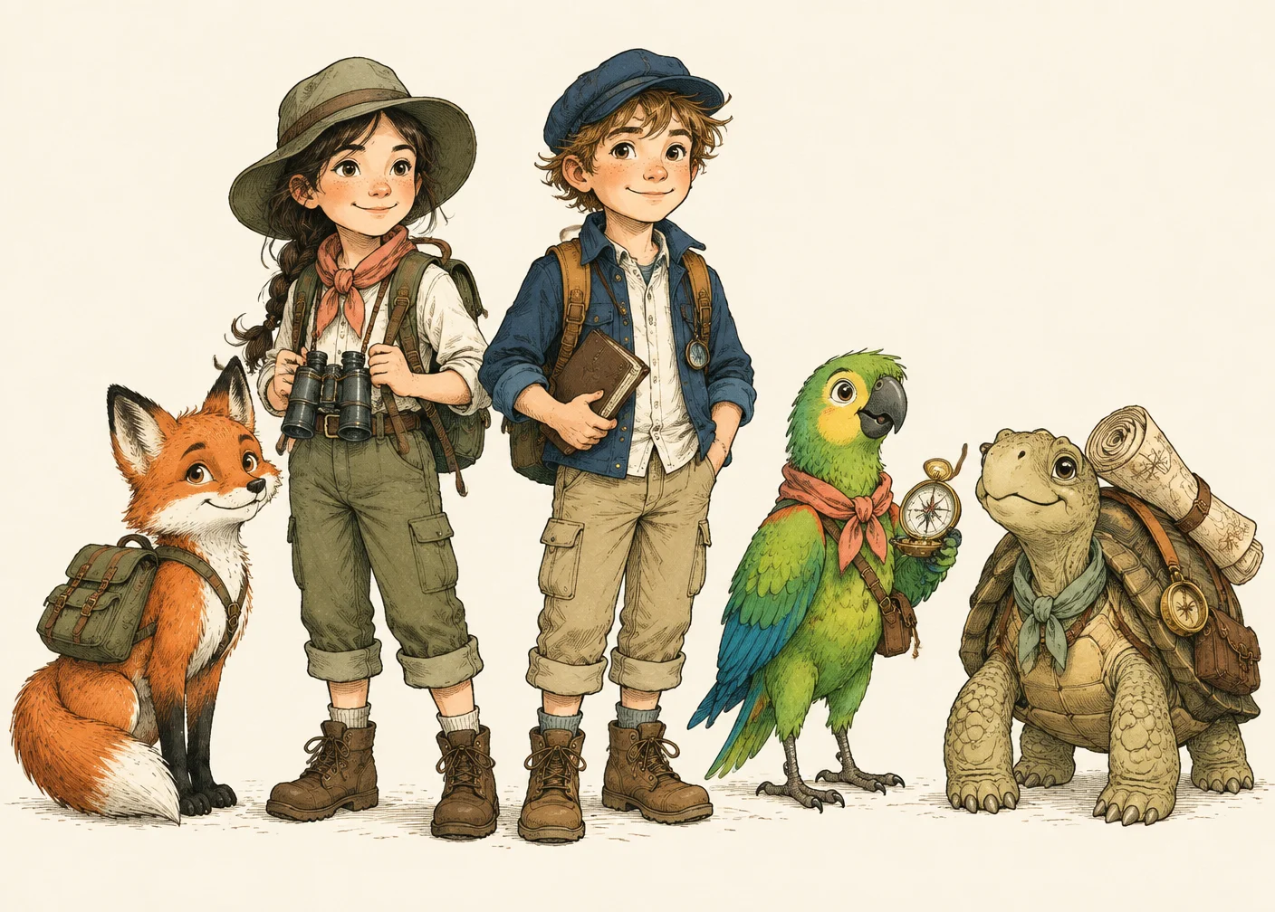 Deux jeunes explorateurs, une fille aux jumelles et un garçon avec un livre, avec Astuce la renarde, Paco le perroquet et Atlas la tortue