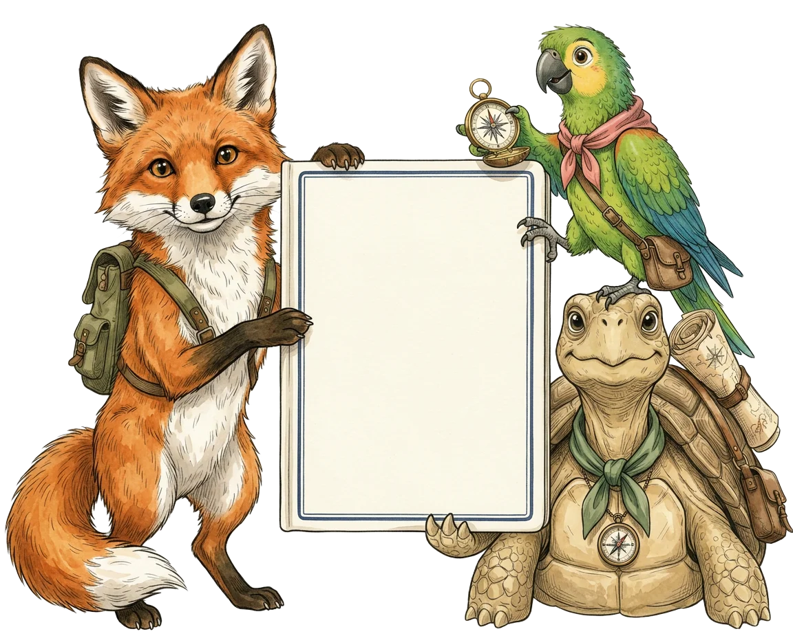 Astuce la renarde, Paco le perroquet et Atlas la tortue tenant ensemble un carnet de voyage