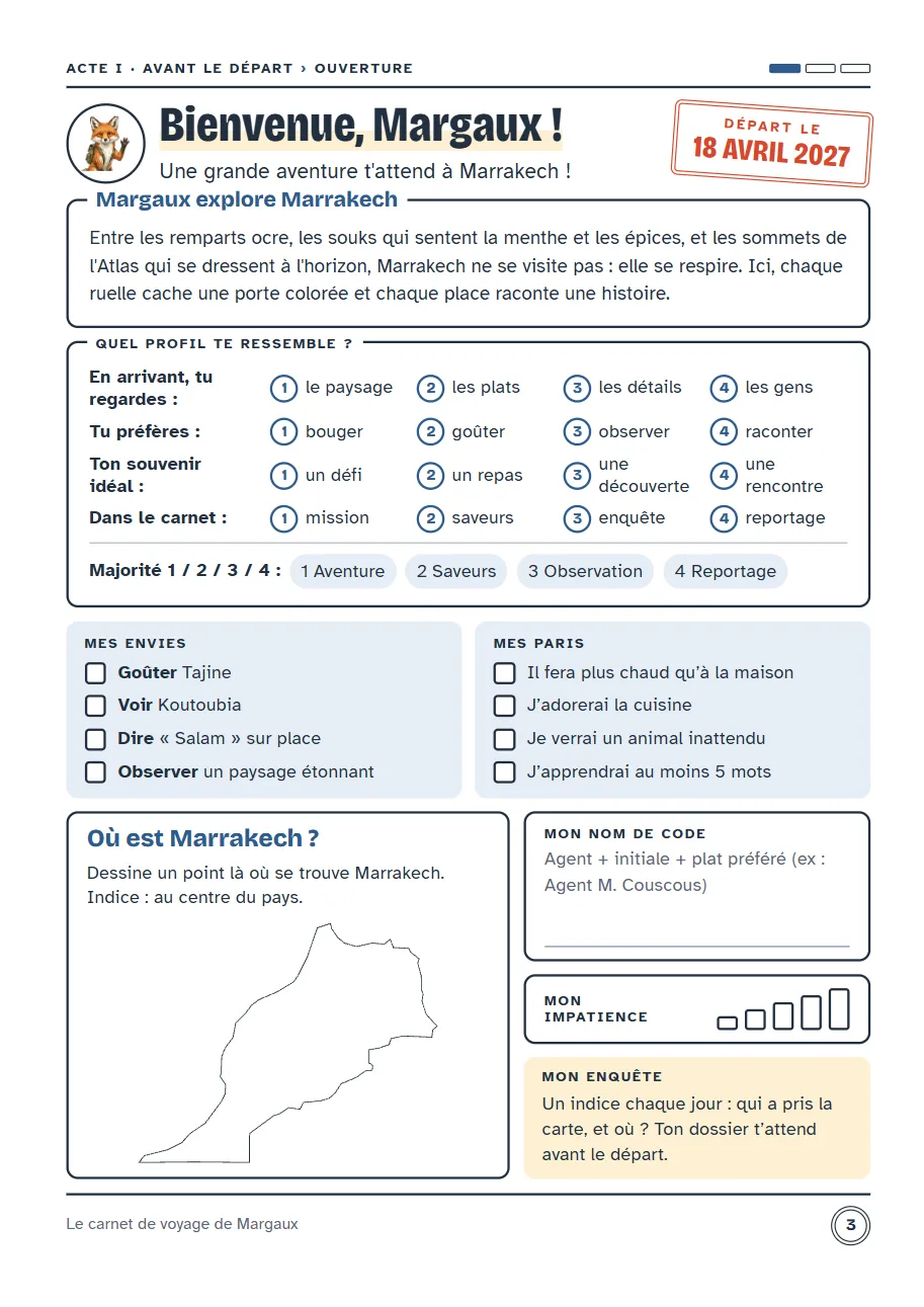 Page Bienvenue, Margaux ! avec le texte sur Marrakech, ses envies, ses paris et la carte du Maroc