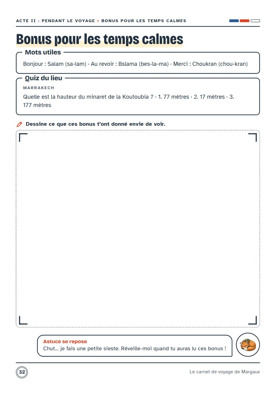 Page Bonus pour les temps calmes : mots utiles, bonnes manières et quiz