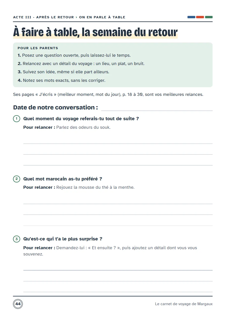 Page On en parle à table : questions à se poser en famille après le voyage