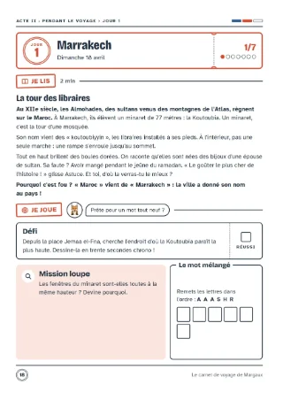 Une vraie page du carnet : Jour 1 à Marrakech, avec une histoire vraie, un défi et des jeux
