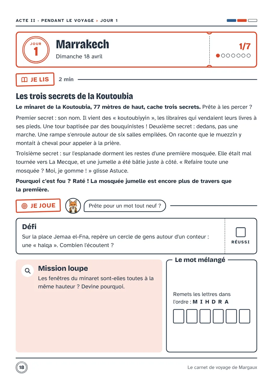 Page du jour 1 à Marrakech : histoire vraie de la Koutoubia à lire, défi, mission loupe et mot mélangé