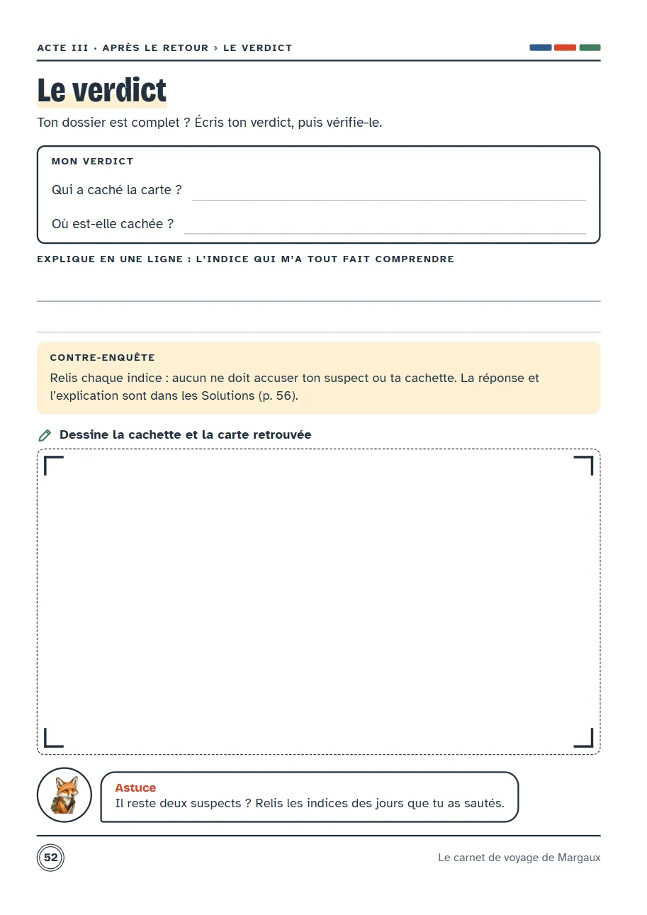 Page Le verdict : qui a caché la carte, où, l'indice qui a tout fait comprendre et le dessin de la cachette