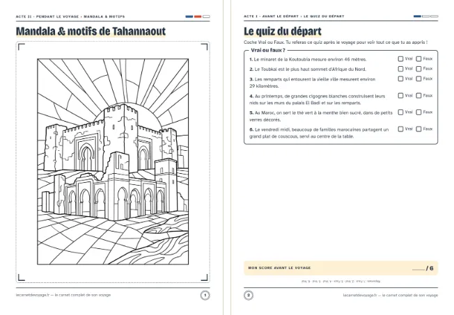 Les deux pages 10–12 ans du carnet au Maroc : un coloriage et un jeu
