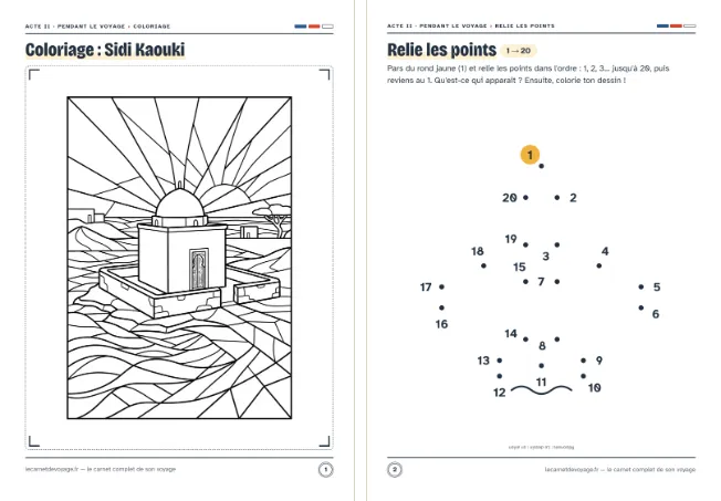 Les deux pages 4–6 ans du carnet au Maroc : un coloriage et un jeu