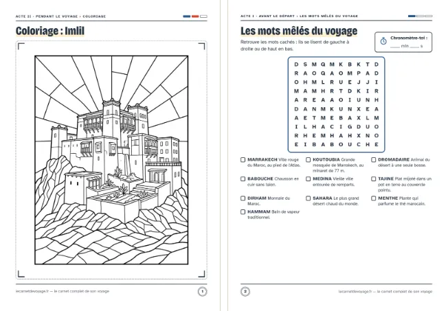 Les deux pages 7–9 ans du carnet au Maroc : un coloriage et un jeu